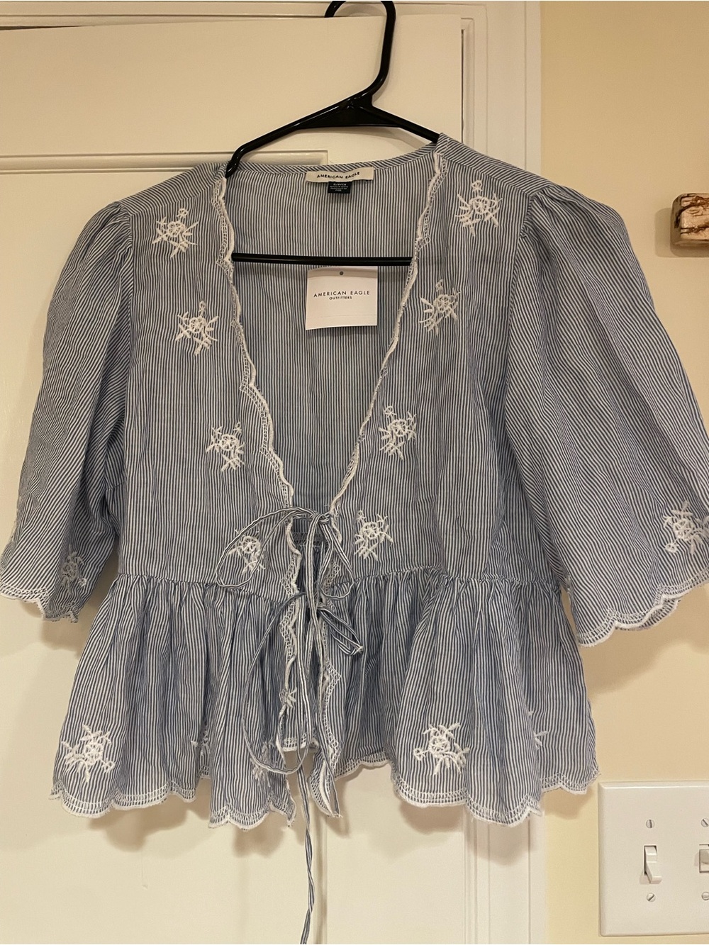 American Eagle Outfitters Blue Striped Embroidered Peplum Tie-Front Top